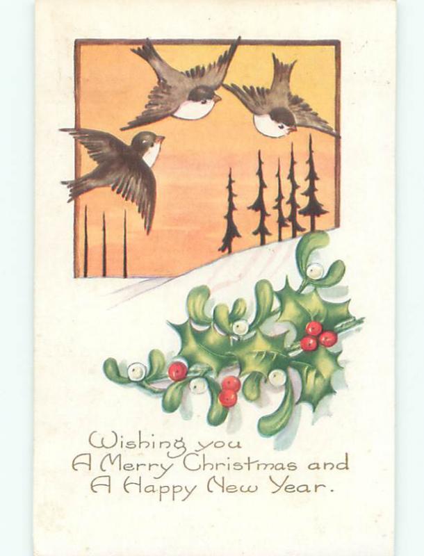 Pre-Linen christmas BIRDS FLY OVER SNOWY LANDSCAPE WITH HOLLY & MISTLETOE J1531