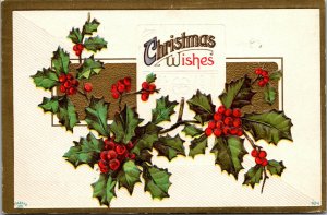 Vtg 1910s Christmas Wishes Holly Berries Gilded Embossed Postcard