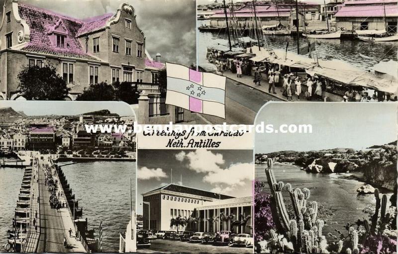 curacao, N.A., Multiview, Houses Market Scene, Pontoon Bridge (1950s) La Bonanza