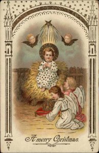 Christmas Little Girl Angels Bow to Baby Jesus Christ Gel c1910 Postcard