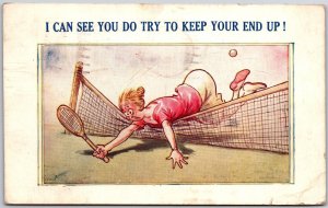 1931 I Can See You Do Try To Keep Your End Up Badminton Comic Posted Postcard