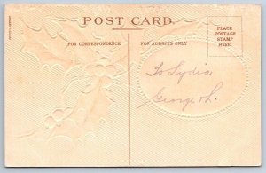 Loving Christmas Greetings, Rural Winter Scene, Holly, Antique Embossed Postcard