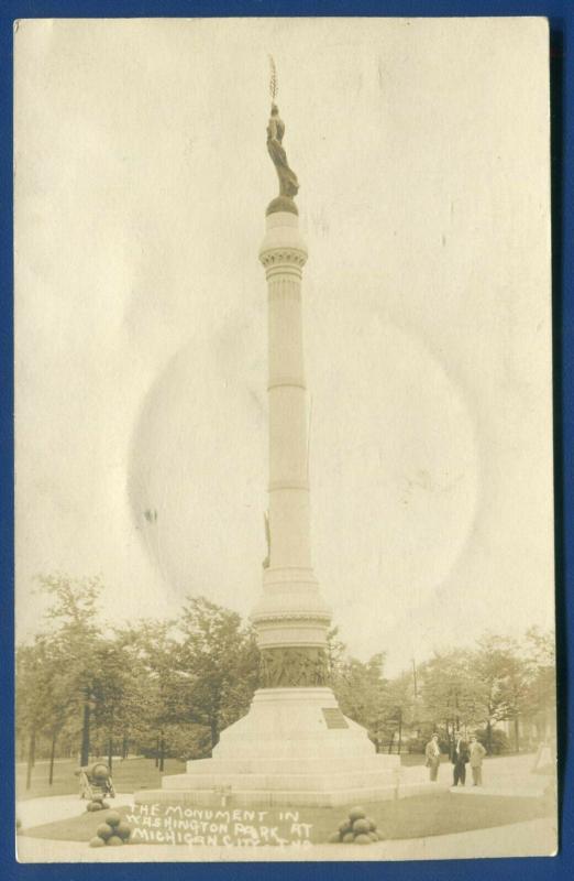 Michigan City Indiana in Washington Park Monument real photo postcard RPPC