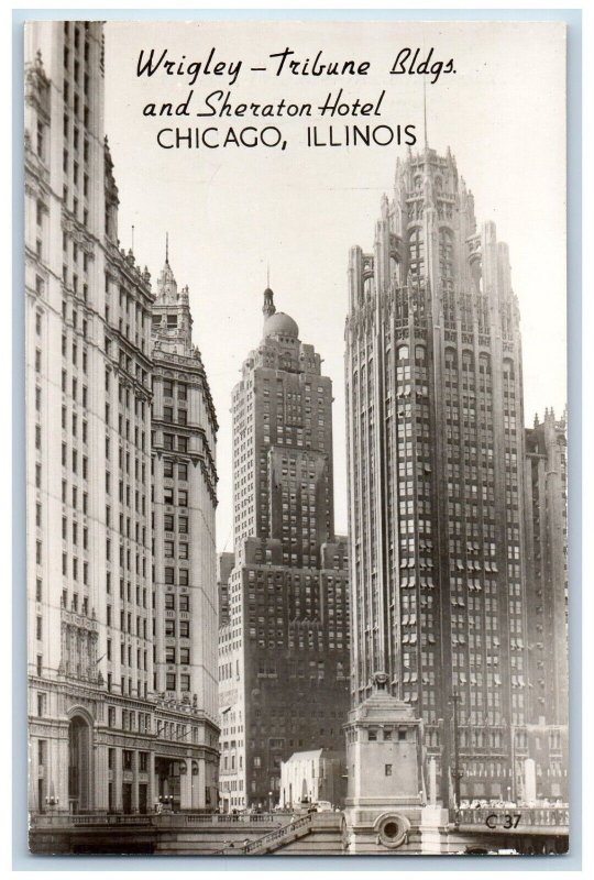 Chicago Illinois IL Postcard RPPC Photo Wrigley Bldgs. And Sheraton Hotel c1940s