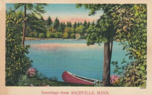 1938 Linen Post Card Shoreview Resort Richville Minnesota Lake View w Canoe