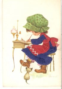 Little girl writing a letter. Cat Modern Spanish embroidered, artist drawn pos