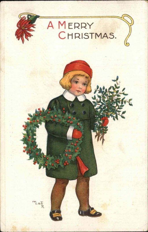 A/S MaFR Christmas Little Girl in Green Coat with Wreath c1910 Vintage Postcard