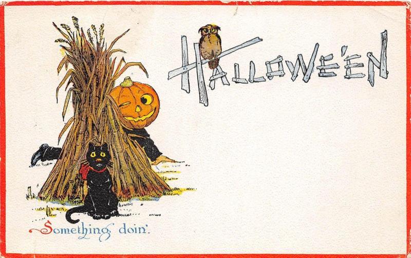 E20/ Halloween Holiday Postcard 1917 Bloomfield Iowa Black Cat Owl Pumpkin Man30