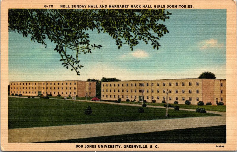 Greenville SC Bob Jones University Nell Sunday Mack Hall Dormitories Postcard