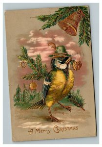 Vintage 1928 Christmas Postcard Cute Yellow Bird in Hat Gold Bell Xmas Tree