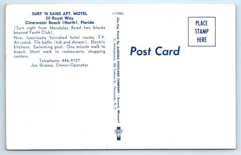 2 Postcards CLEARWATER BEACH, Florida FL ~ Roadside SURF 'N SAND MOTEL 1950s-60s
