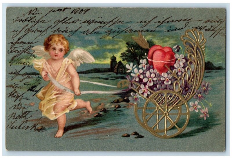 1904 Valentine Angel Pulling Cart With Heart Flowers Hungary Embossed Postcard