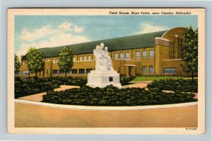 Omaha NE- Nebraska, Boys Town, Field House, Statue, Vintage Linen Postcard 