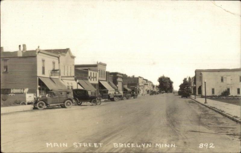 Bricelyn MN Main St. Cars Bldgs c1915 Real Photo Postcard