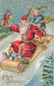 Christmas, Robbins No 688, Red Suit Santa Sleighing with Toys & Child