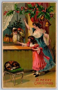 Christmas~Victorian Mother Daughter Wave At Santa Out Window~Dog~BW 296~1908