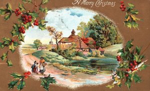 Vintage Postcard 1910 Merry Christmas Greetings Countryside Mother & Children