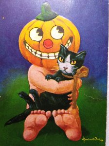 Halloween Postcard Fantasy Goblin Pumpkin Holds Black Cat Bernhard Wall Ullman