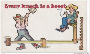 Every knock is a boost, Man hammering contraption to lift man in chair higher...