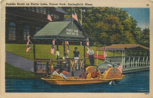 Postcard Massachusetts Springfield Paddle Boats Porter Lake flag Tichnor 23-5734