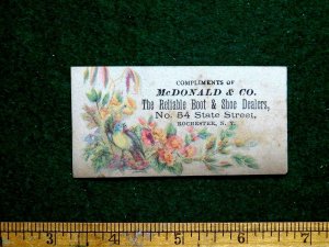 1870s-80s McDonald & Co Reliable Boots & Shoe Dealer Bird Flowers Trade Card F14