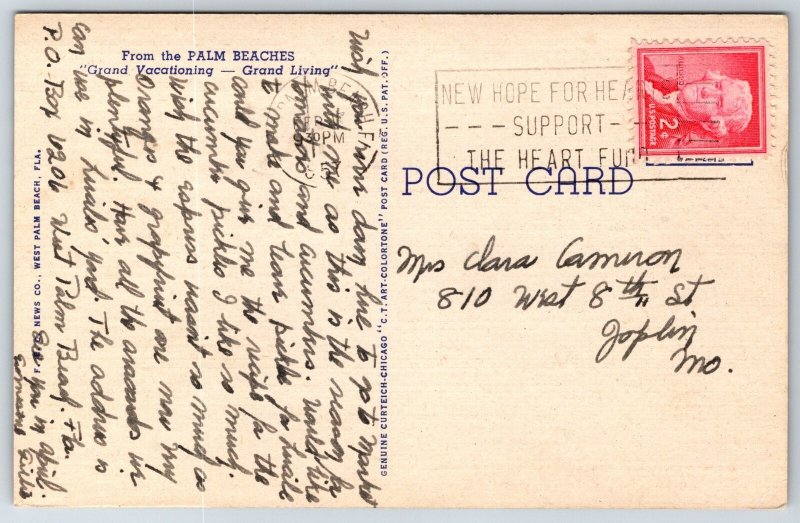 Palm Beach Florida~Cluett Memorial Garden Pool Scene~PM 1957~Vtg Linen Postcard