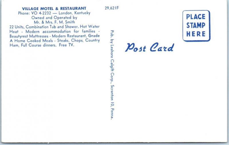 LONDON, Kentucky  KY    Roadside VILLAGE MOTEL Restaurant  c1950s   Postcard