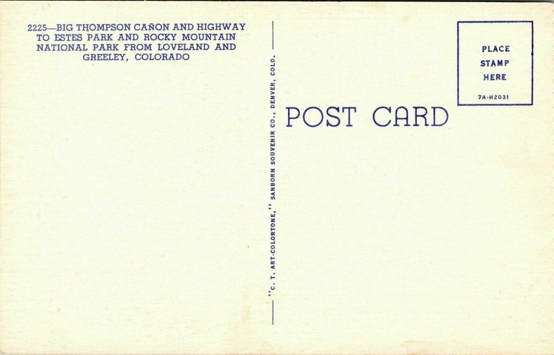 Big Thompson Canon Hwy Loveland Greeley CO Linen Postcard VTG UNP Unused Vintage 