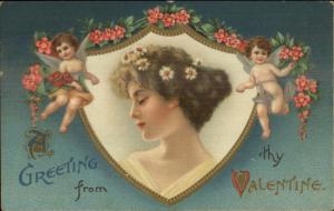 Valentine - Beautiful Woman & Cherubs c1910 Embossed Postcard