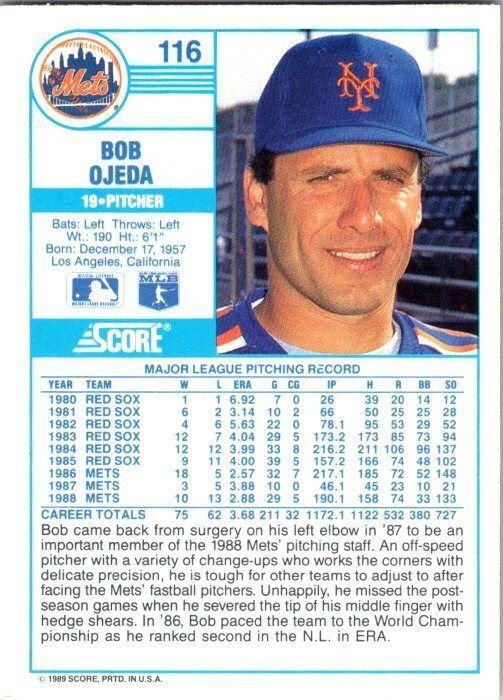 1989 Score Baseball Card Bob Ojeda New York Mets sk29824