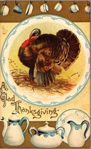 Thanksgiving Postcard Turkey with Dining Plates Dishes China