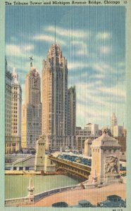 Vintage Postcard 1944 The Tribune Tower And Michigan Avenue Bridge Chicago IL