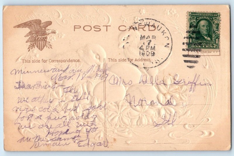 1909 Easter Greetings Little Chicks And Eggs Flowers Embossed Normal IL Postcard