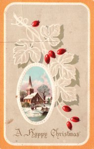 Vintage Postcard A Happy Christmas Xmas Greetings Card Winter White Snow House