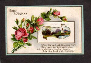 Best Wishes Greetings Postcard Life With Blessings Poem Roses Flowers 1917