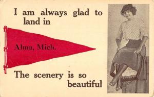 Alma Michigan Beauty Woman Pennant Flag Antique Postcard K85447