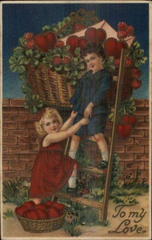 Valentine - Sweet Children Basket of Huge Hearts Over Wall c1910 Postcard