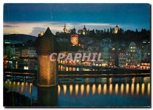 Postcard Modern Lucerne Chapel Bridge and old cites night