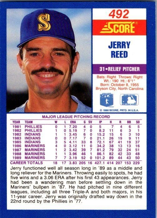 1990 Score Baseball Card Jerry Reed Seattle Mariners sk2664