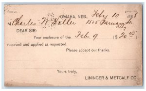 1888 Enclosure Received Charles W Haller Lininger Metcalf Omaha NE Postal Card 