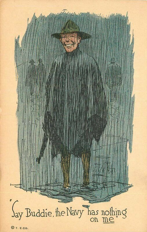 Artist C1918 WW1 Army Military Soldier Raincoat Comic Postcard 21-8153