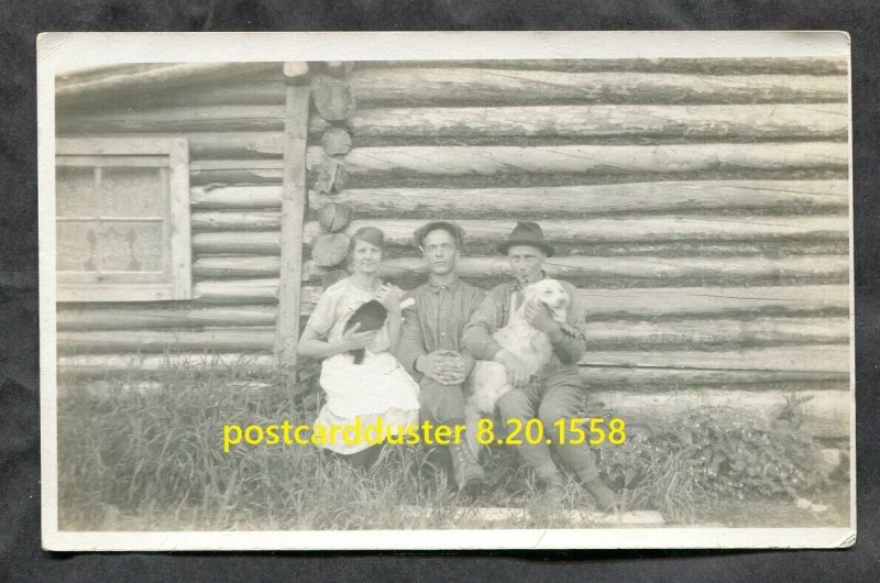 1558- Canada Family Log House Dog Cat Real Photo Postcard prob. Northern Ontario