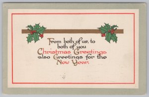 Holiday~Holly & Christmas & New Year Greeting~Vintage Postcard