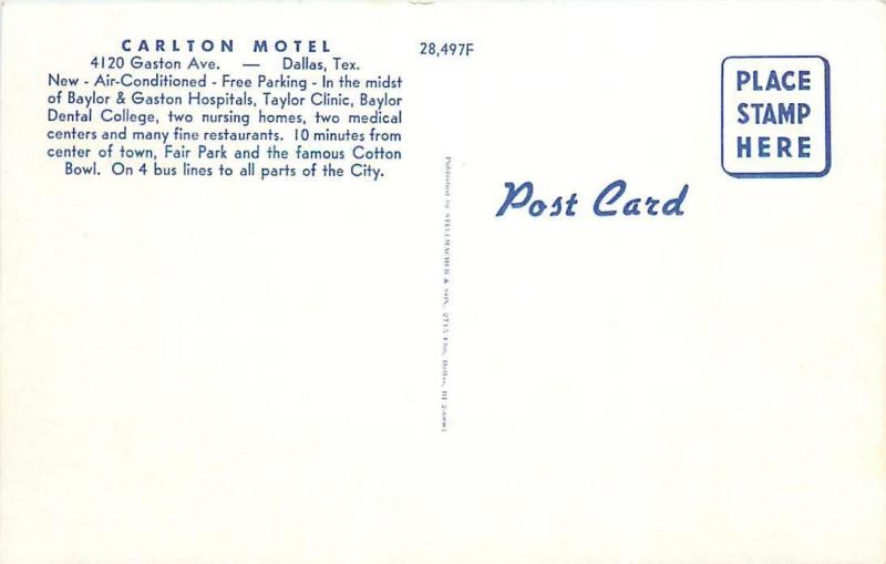 DALLAS, TX Texas     CARLTON MOTEL     c1950s Cars  Roadside   Postcard