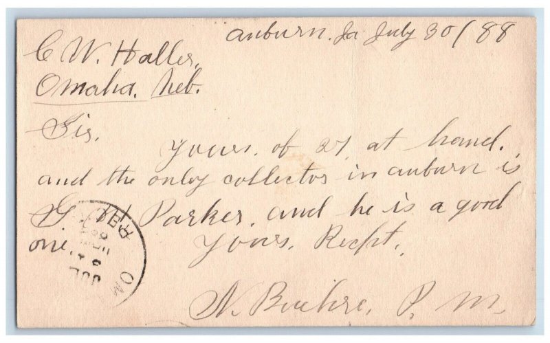 1888 Parker Collector CW Haller Auburn Iowa IA Omaha Nebraska NE Postal Card