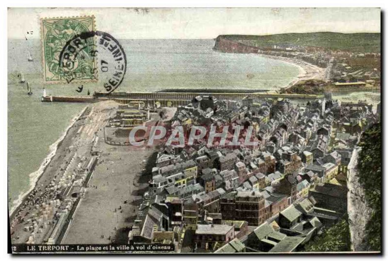 Old Postcard The Treport Beach and the City of bird flight