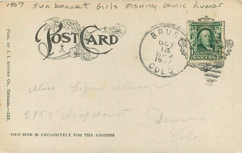 Artist 1907 Sun Bonnett Girls Fishing Comic Humor Postcard Austen 20-5902