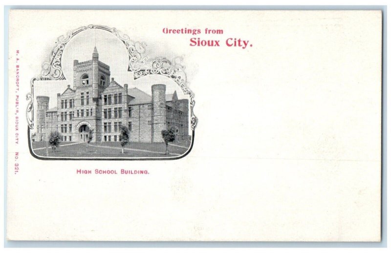 c1900's Greetings From Sioux City Iowa IA, High School Building Antique Postcard