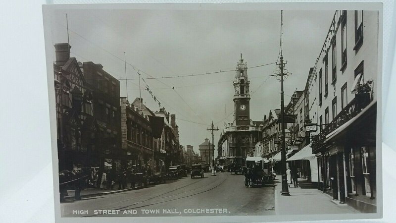 Antique  Rp Postcard Colchester High Street and Town Hall C1920 Real Photo