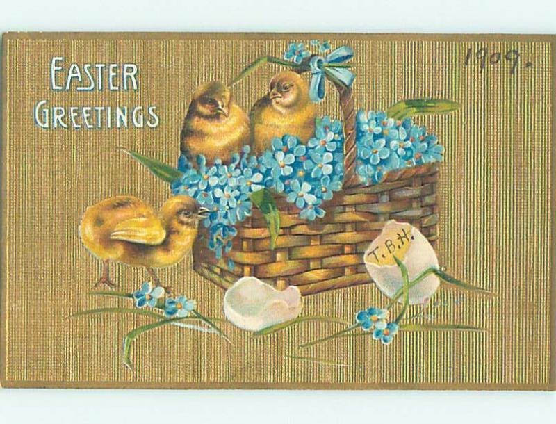 Pre-Linen easter CHICKS WITH FORGET-ME-NOT FLOWERS IN WICKER BASKET HL0774